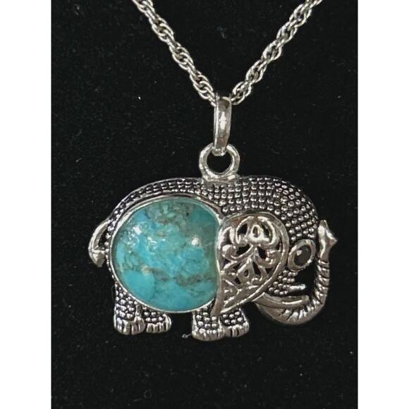 Vintage ATI Thailand Sterling Silver Turquoise Filigree Elephant Pendant - Picture 2 of 4